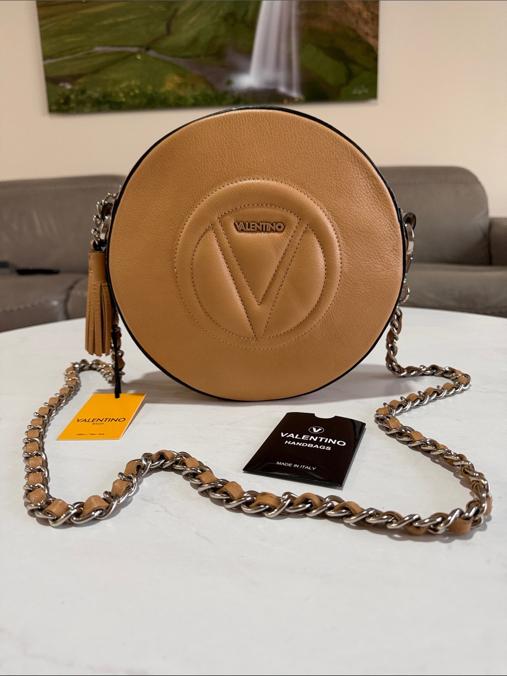 Valentino Tan Round Leather Crossbody Chain Strap Bag